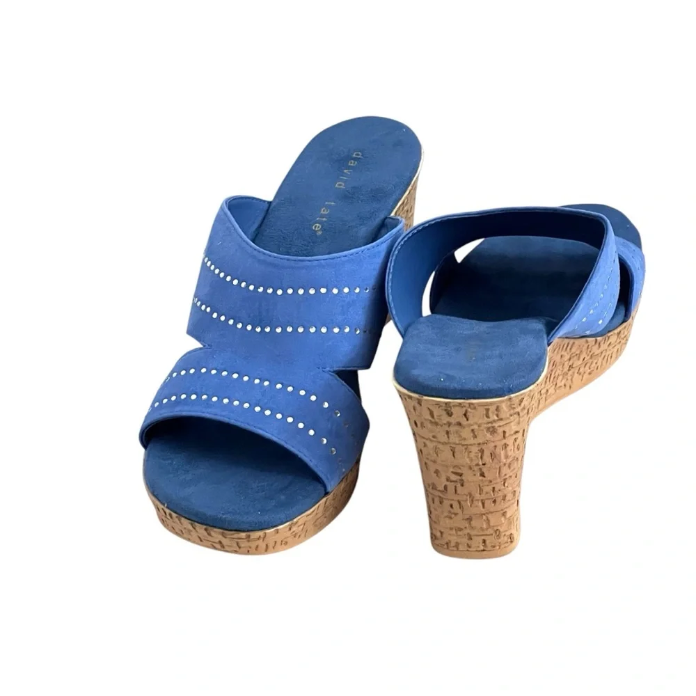 David Tate Wedge Open Toe Slip On‎ Sandals Leather Upper Embedded Rhinestones
